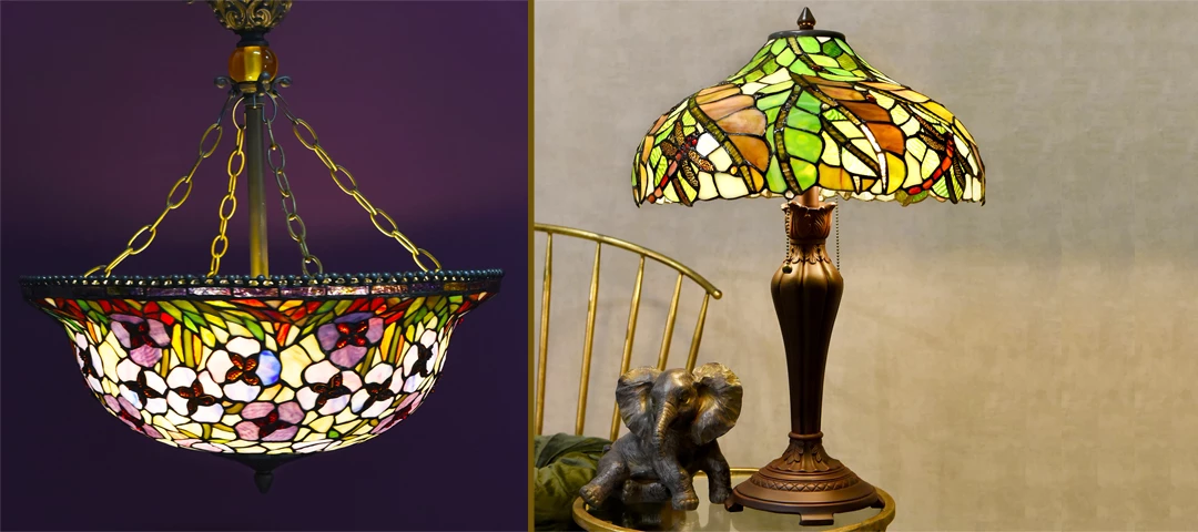 Tiffany asztali, mennyezeti, fali és állólámpák, függesztékek