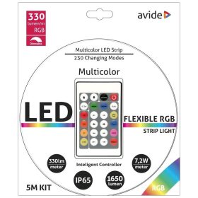 Avide LED szalag 12V 7.2W/m 30LED RGB IP65 5m+távirányító
