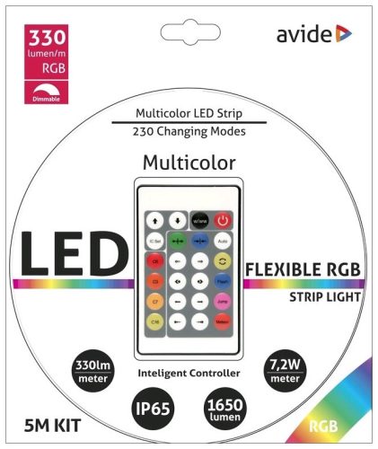 Avide LED szalag 12V 7.2W/m 30LED RGB IP65 5m+távirányító