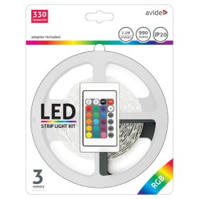   Avide LED szalag szett adapterrel és vezérlővel, 12V 7.2W/m, 30LED/m, RGB, IP20, 3m