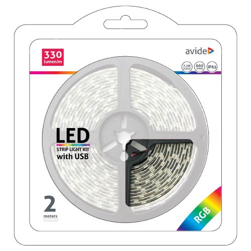 Avide LED szalag szett USB csatlakozóval, vezérlővel, 5V 7.2W/m, 30LED/m, RGB, IP65, 2m