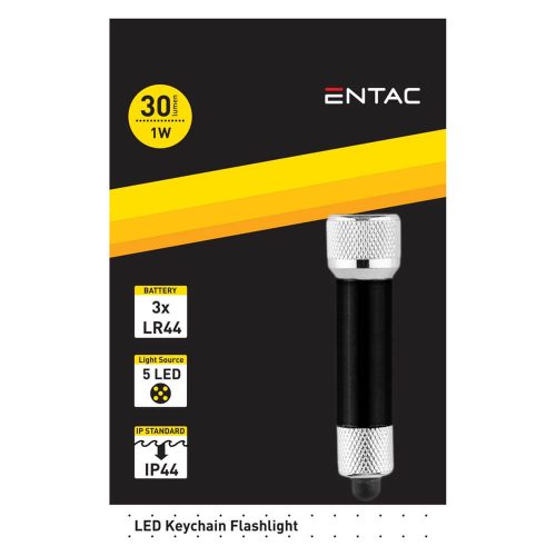 Entac kulcstartós elemlámpa 5LED, 1W, 30lm, 3xLR44, IP44, fekete