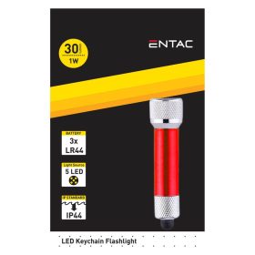   Entac kulcstartós elemlámpa 5LED, 1W, 30lm, 3xLR44, IP44, piros