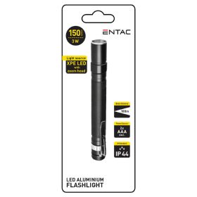   Entac elemlámpa Zoom ALU övklipsszel, 3W, 150 lm, 2xAAA, IP44